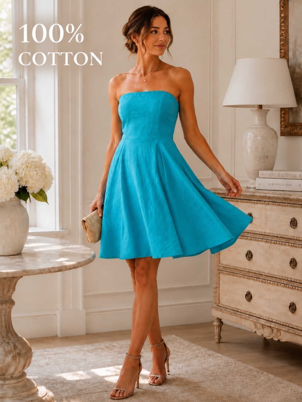 J.Crew Strapless Turquoise Cotton Dress Boned Smocked Fit & Flare Size 4